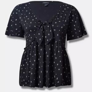 Torrid Vintage Cotton Tie Front Deep Black Geometric Design Top